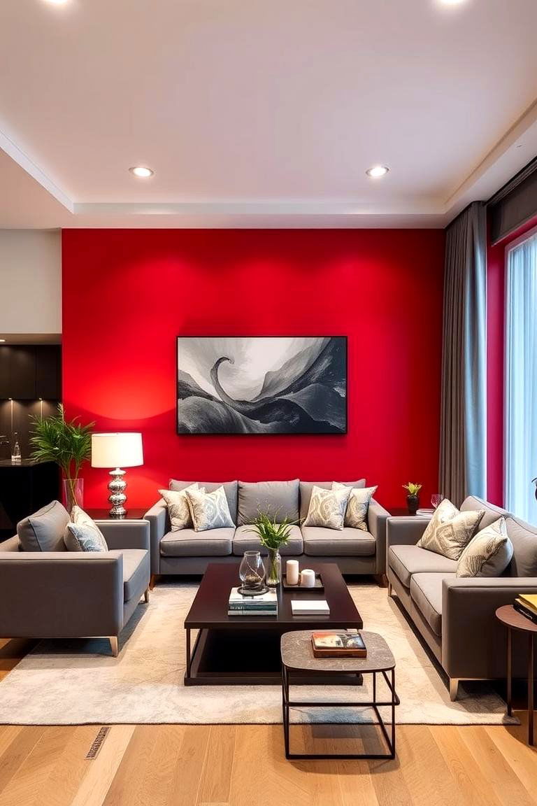 Vibrant Red Accent Wall - 24 Red and Grey Living Room Ideas