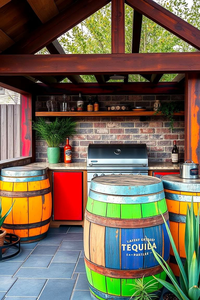 Vibrant Tequila Barrel Accents - 24 Mexican Outdoor Kitchen Ideas