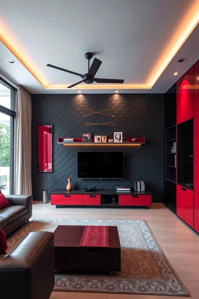 Vibrant Texture Black and Red Walls - 24 Black and Red Living Room Ideas