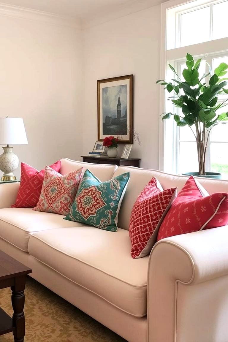 Vibrant Throw Pillows - 24 Budget Apartment Living Room Ideas