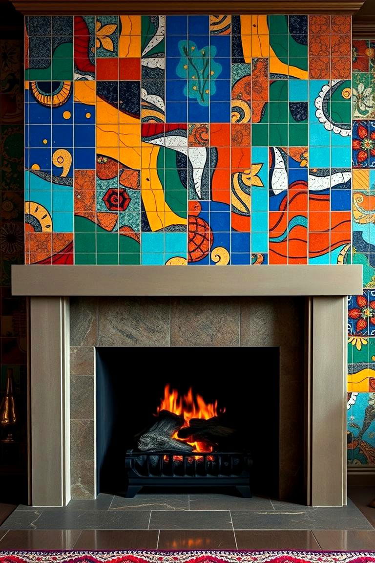 Vibrant Tile Artwork - 24 Fireplace Backsplash Ideas