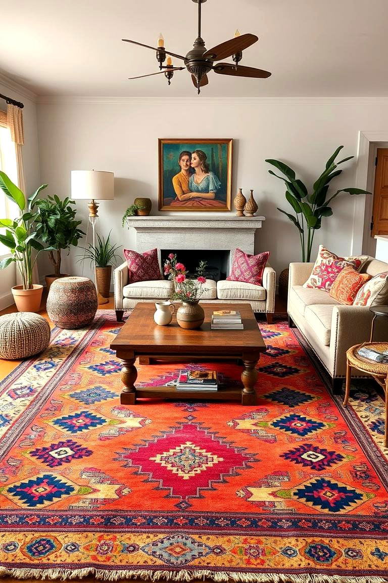 Vibrant Tribal Carpet - 24 Living Room Carpet Ideas
