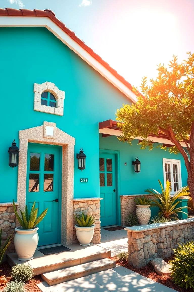 Vibrant Turquoise Twist - 24 blue exterior house paint ideas