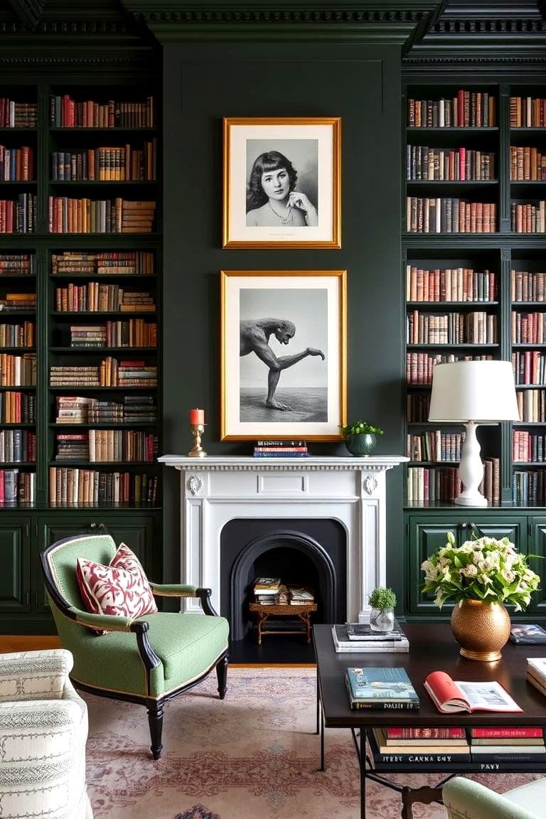 Victorian Bookcases in Dark Green Finishes - 24 Victorian Dark Green Living Room Ideas