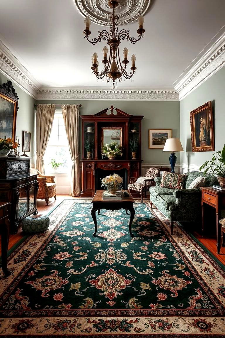 Victorian Patterned Rugs with Dark Green Tones - 24 Victorian Dark Green Living Room Ideas