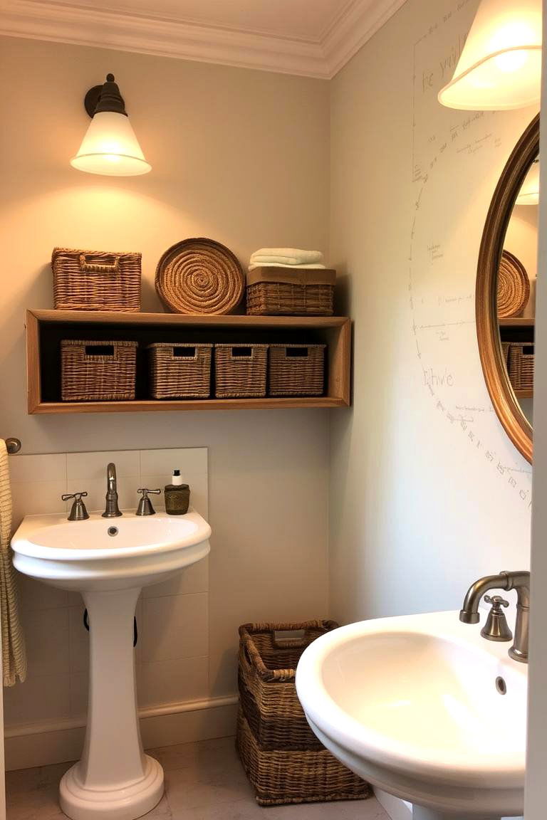 Vintage Baskets for Storage - 24 Pedestal Sink Storage Ideas