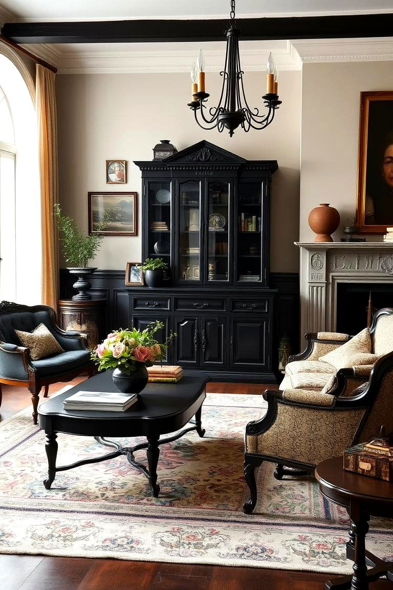 Vintage Black Charm - 24 Black Living Room Ideas