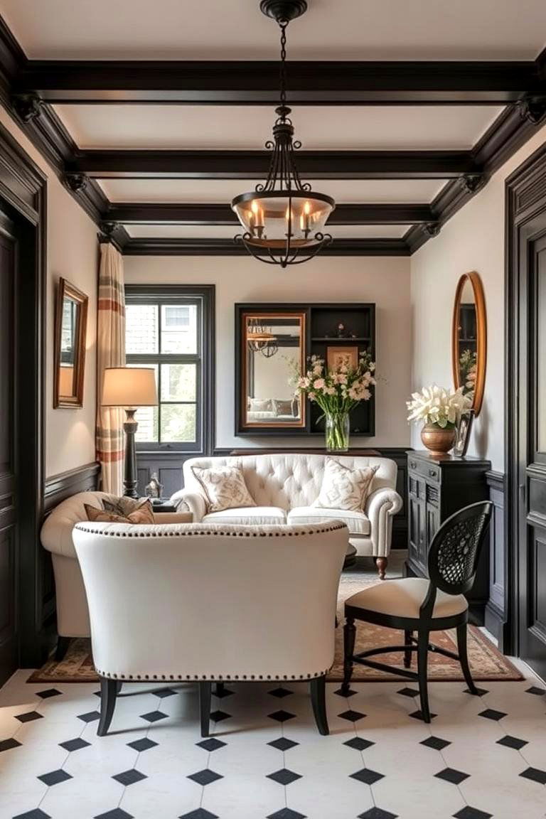 Vintage Black Details with Cream Finishes - 24 Cream and Black Living Room Ideas