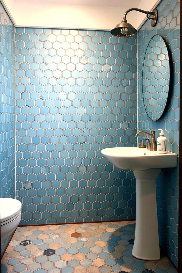 Vintage Blue Hexagon Tiles - 24 Hexagon Tiles Ideas for Bathrooms