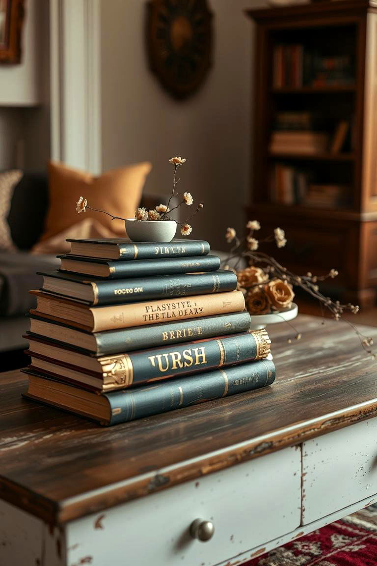 Vintage Book Stack Arrangement - 24 Coffee Table Centerpiece Ideas