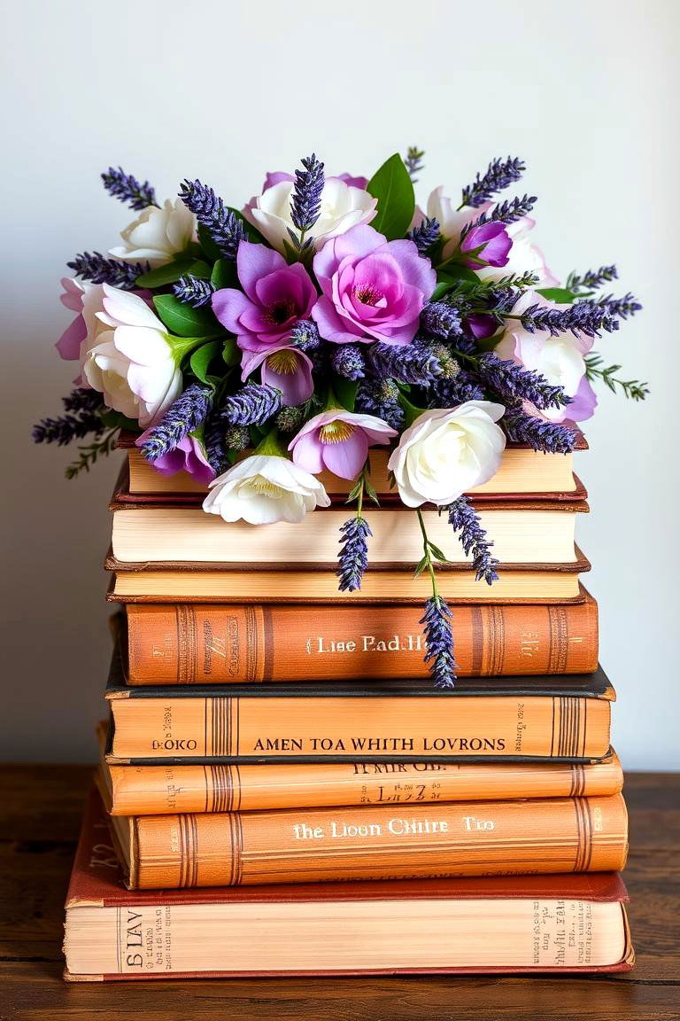 Vintage Book Stack with Flowers - 24 Flower Centerpiece Ideas