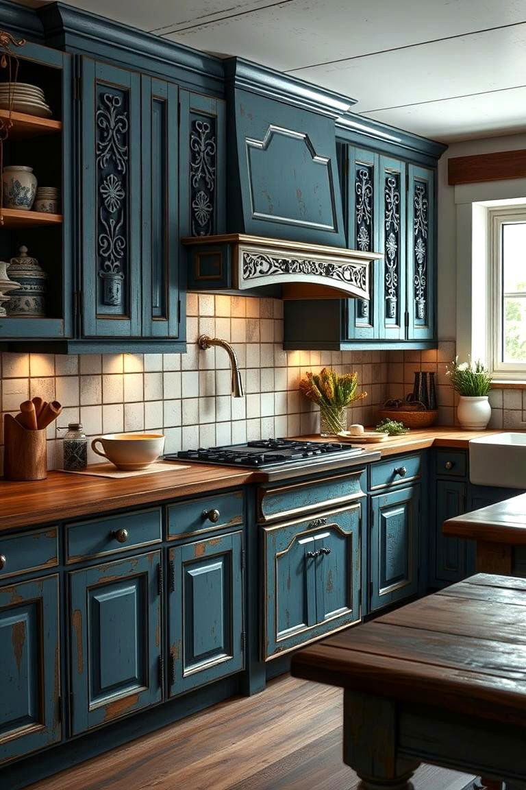 Vintage Charm Elegance - 24 blue farmhouse kitchen cabinets