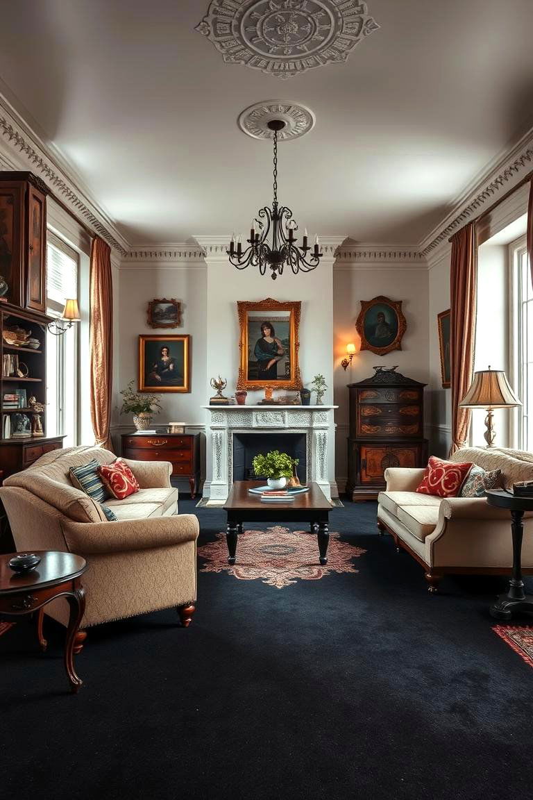 Vintage Charm Integration - 24 Black Carpet Living Room Ideas