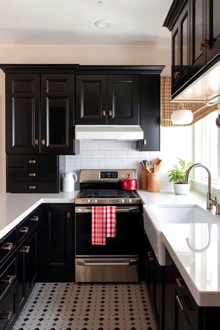 Vintage Charm Revival - 24 Black Kitchen Cabinets With White Countertops