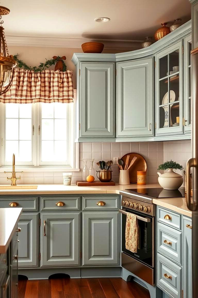 Vintage Charm Revival - 24 blue kitchen cabinets with gold hardware