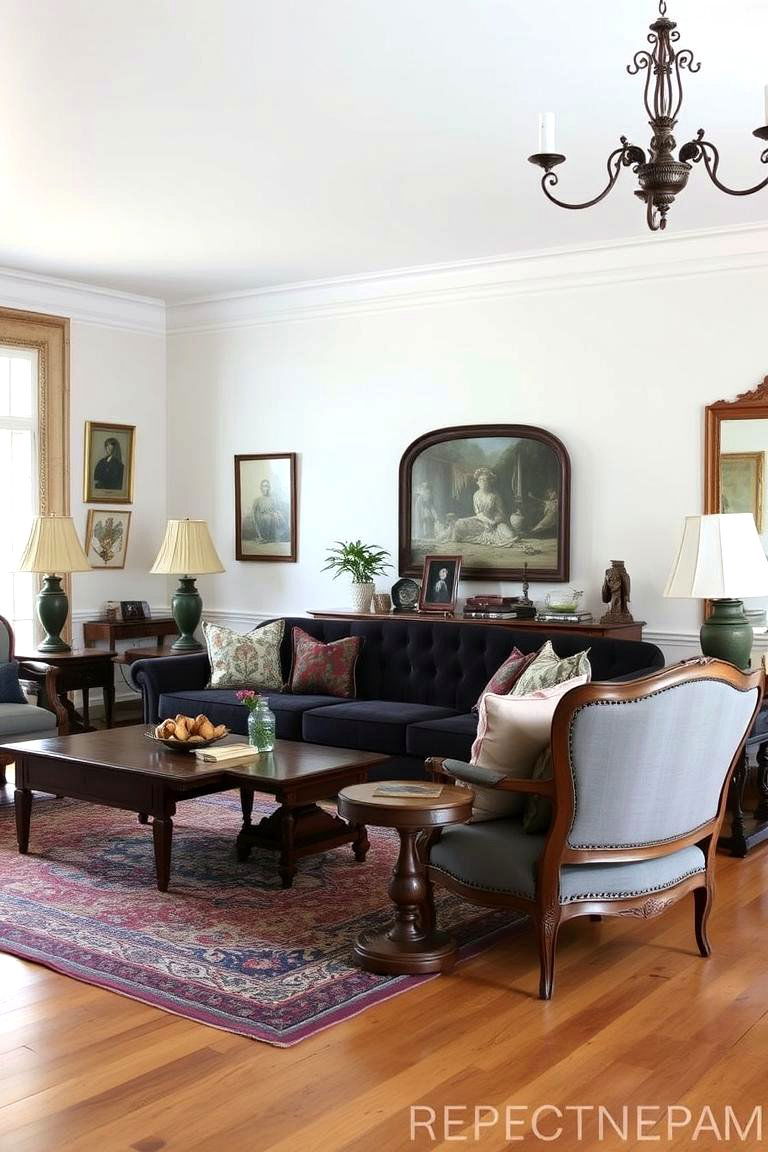 Vintage Charm with Antique Decor - 24 dark grey couch living room ideas