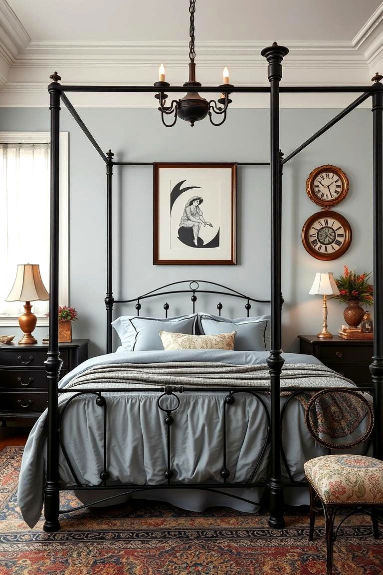 Vintage Charm with Black Frames and Blue Tones - 24 Black and Blue Bedroom Ideas