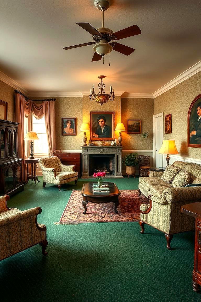 Vintage Charm with Green Carpet - 24 Green Carpet Living Room Ideas