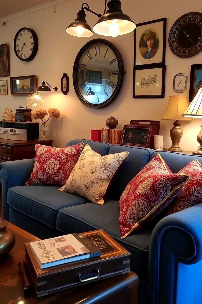 Vintage Charm with Patterned Throw Pillows - 24 Blue Couch Living Room Ideas
