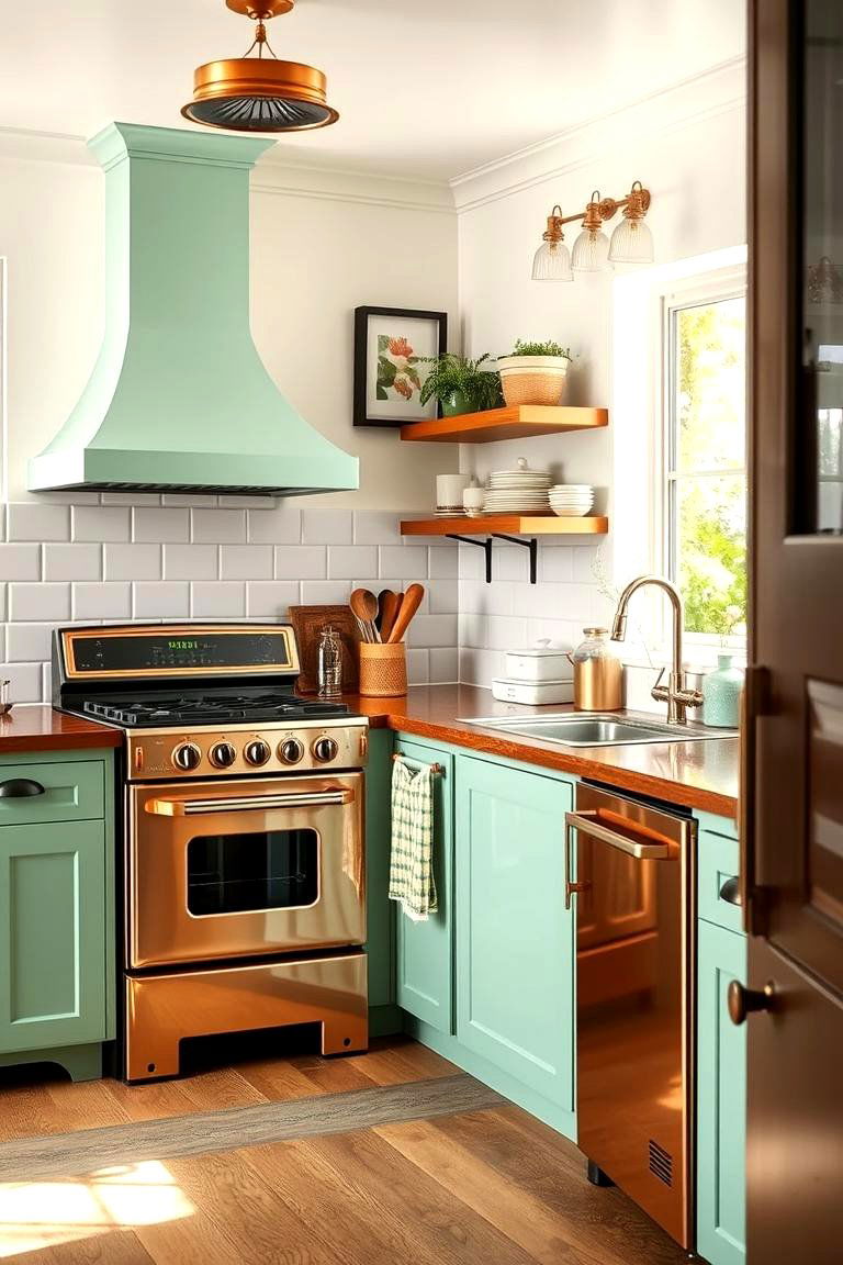 Vintage Copper Appliances with Green Touches - 24 Green and Copper Kitchen Ideas