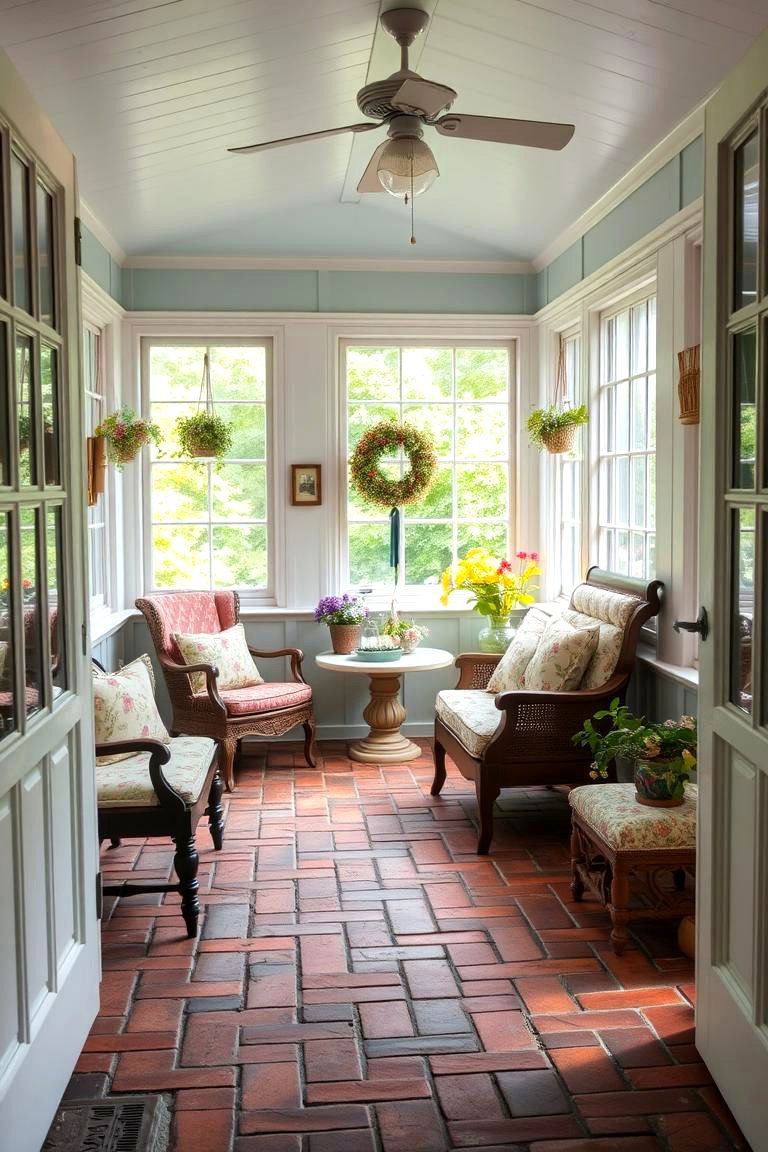Vintage Cottage Vibes - 24 Brick Floor Sunroom Ideas