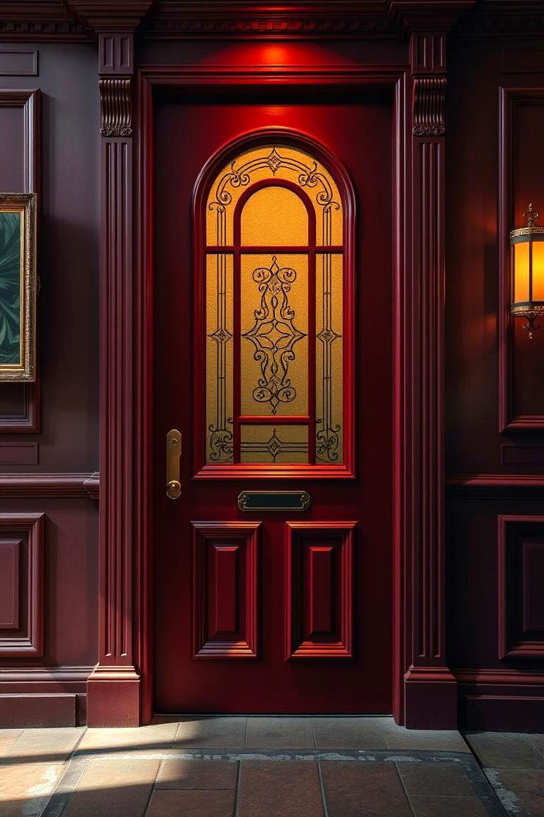Vintage Dark Red Door with Glass Panels - 24 Dark Red Front Door Ideas