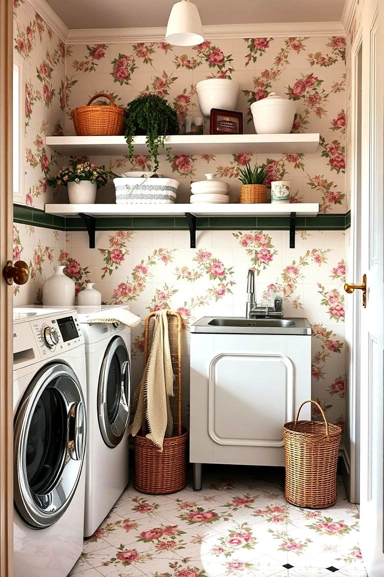 Vintage Floral Tiles - 24 Laundry Room Backsplash Ideas