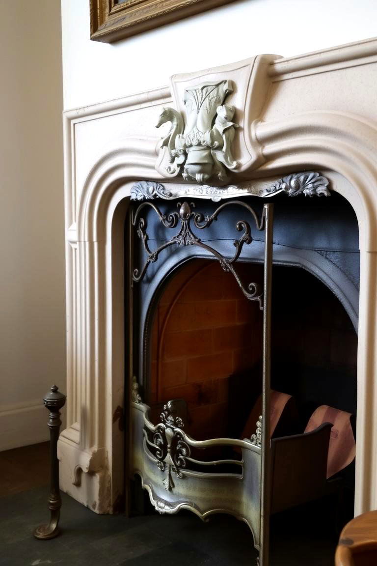 Vintage French Fireplace with Iron Detailing - 24 French Country Fireplace Ideas