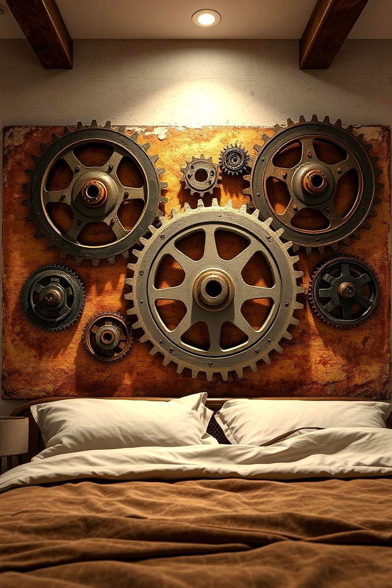 Vintage Gear Wall Art - 24 Steampunk Bedroom Ideas