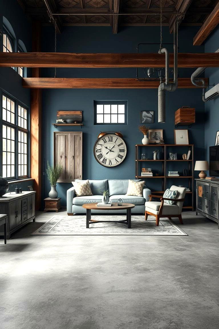 Vintage Industrial Mix - 24 grey floor living room with blue walls ideas