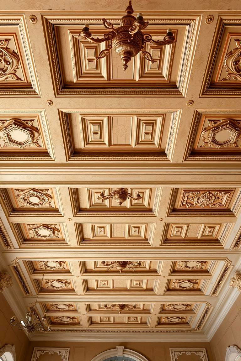 Vintage Inspired Coffered Ceiling with Patterned Panels - 24 Coffered Ceiling Ideas