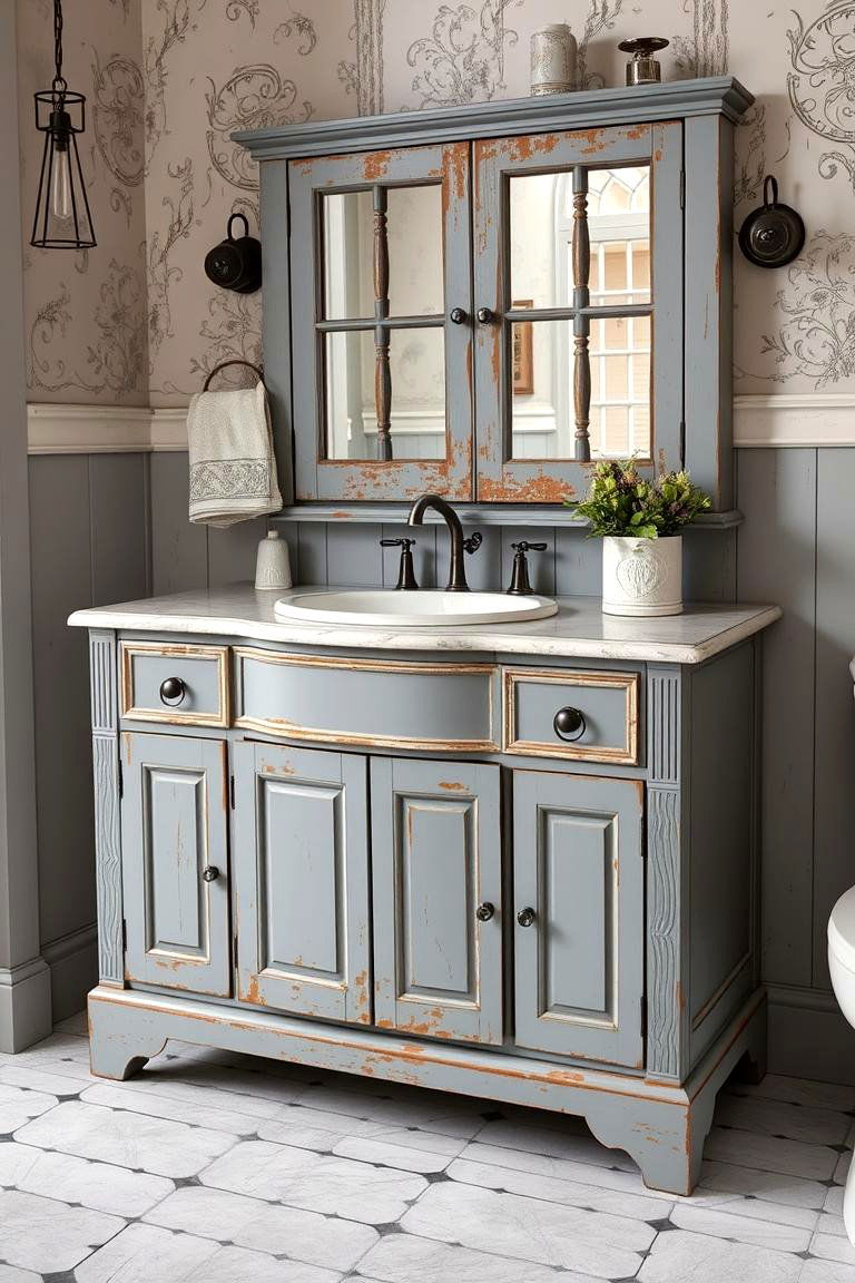 Vintage Inspired Grey Vanity with Antique Accents - 24 Grey Bathroom Vanity Design Ideas
