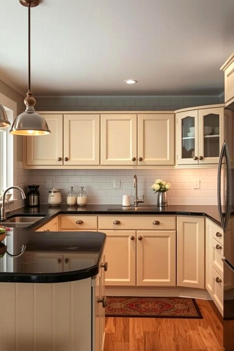 Vintage Inspired Modern Kitchen - 24 kitchen with dark countertops and light cabinets