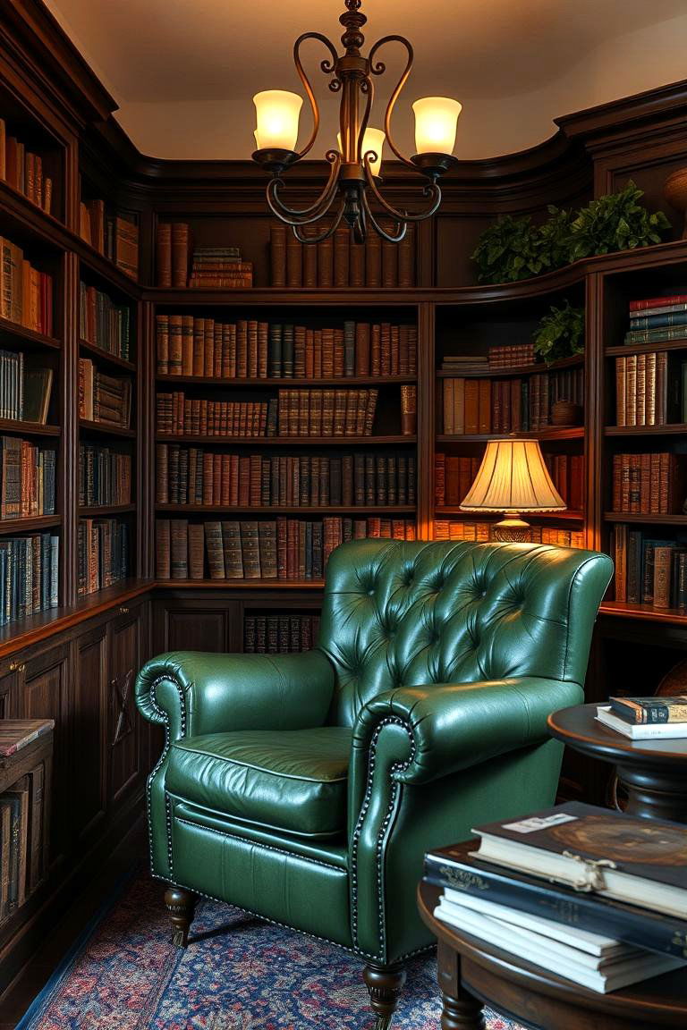 Vintage Leather Green Seating - 24 Dark Green Home Library Ideas and Inspiration