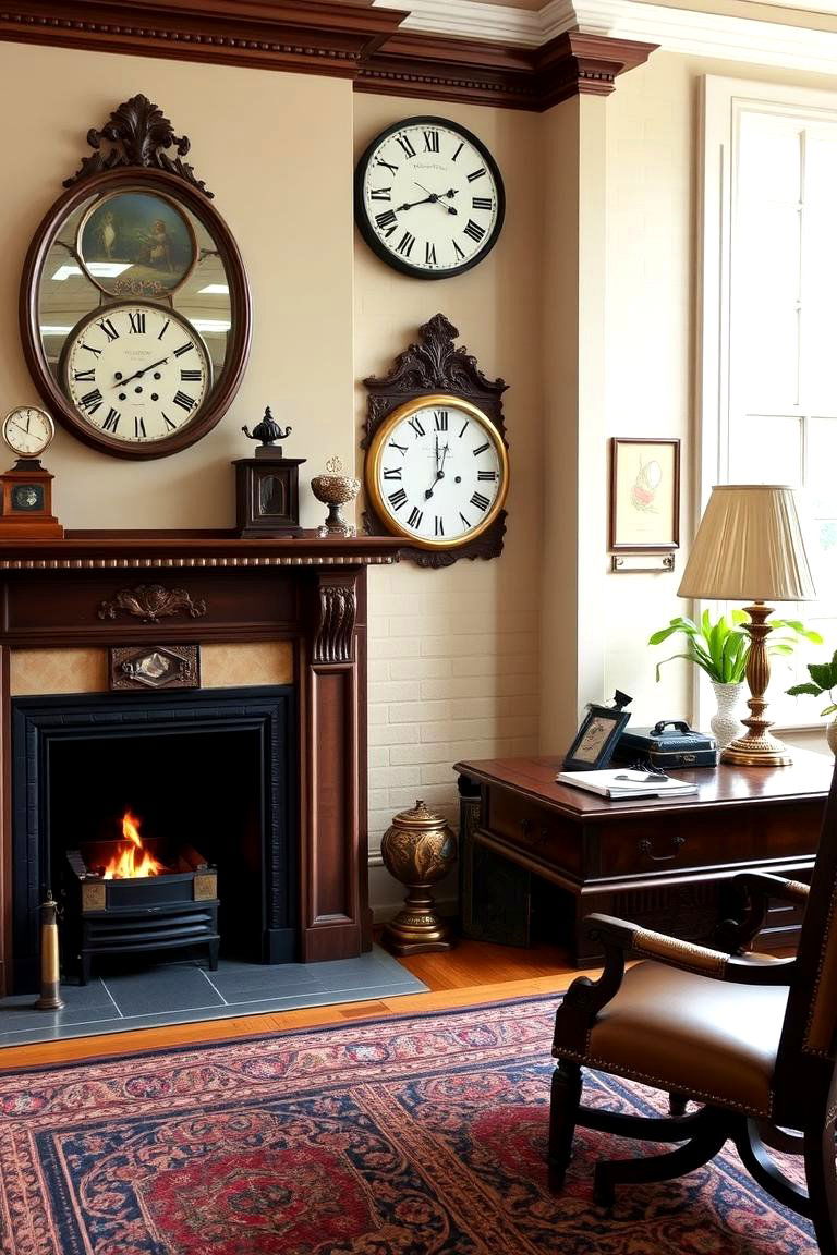 Vintage Mantel Clock Fireplace Office - 24 Home Office With Fireplace Ideas