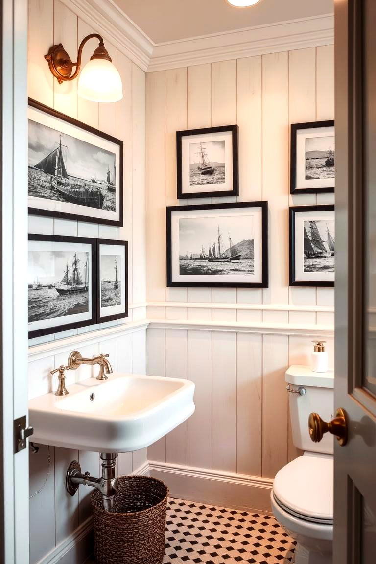 Vintage Maritime Prints on the Walls - 24 Nautical Bathroom Ideas
