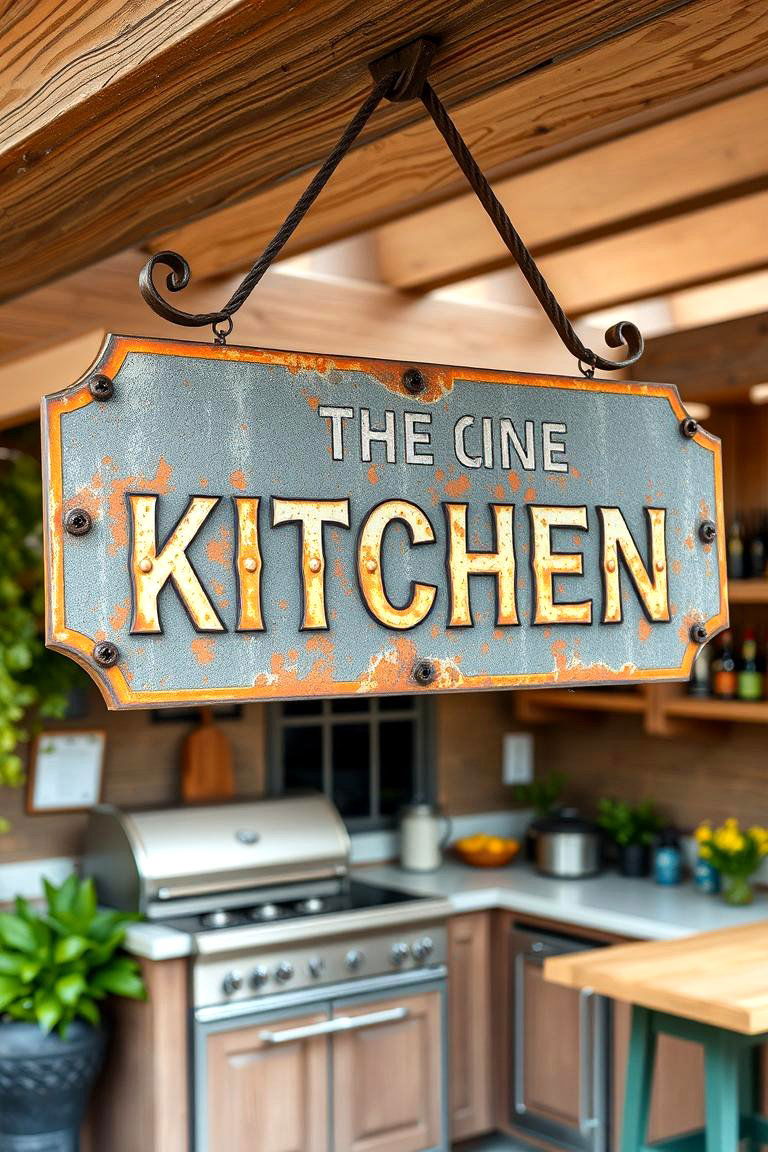 Vintage Metal Signage - 24 Rustic Outdoor Kitchen Ideas