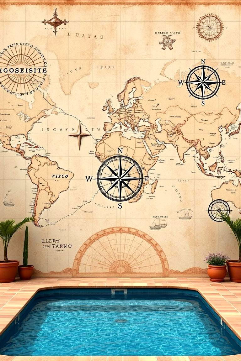 Vintage Nautical Map Pool Mural - 24 Pool Murals