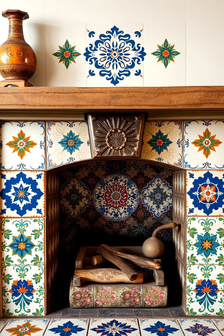 Vintage Patterned Ceramic Tiles - 24 Farmhouse Fireplace Tile Ideas