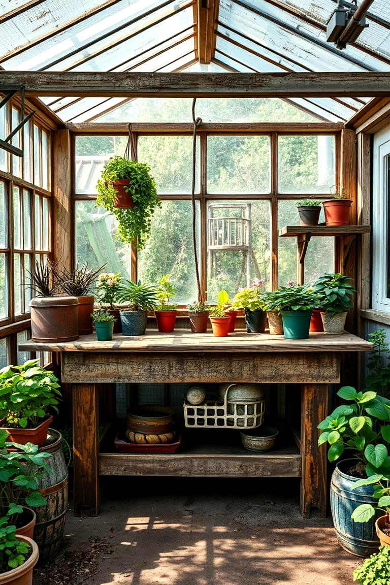 Vintage Potting Bench Charm - 24 Greenhouse Decor Ideas