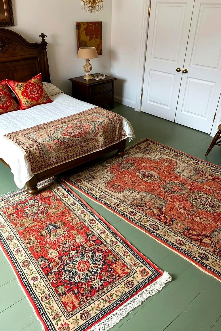 Vintage Rug Display - 24 Boho Sage Green Bedroom Ideas