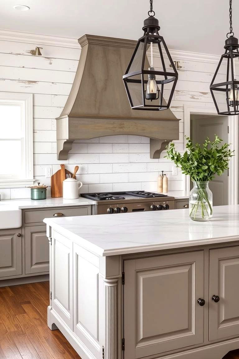Vintage Shiplap with Marble Topped Island - 24 Kitchen Shiplap Ideas With Kitchen Island Ideas