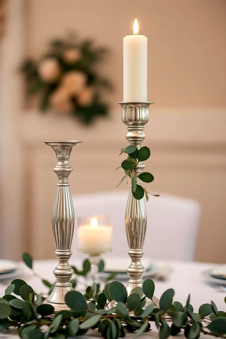 Vintage Silver Candlesticks with Eucalyptus - 24 Eucalyptus Wedding Centerpieces