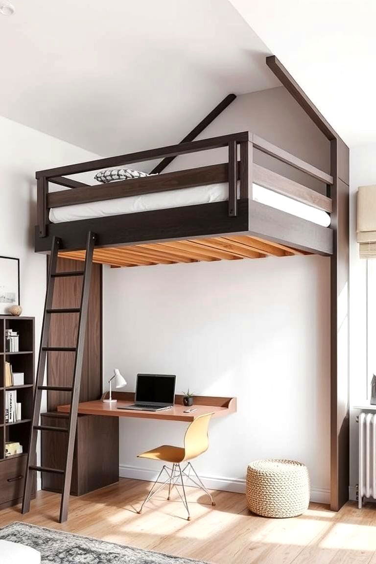 Wall Mounted Loft with Desk Below - 24 2 Beds in One Small Room Ideas