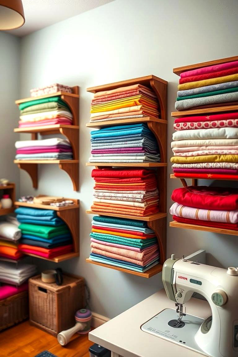 Wall Mounted Shelves for Fabric Display - 24 Sewing Room Ideas