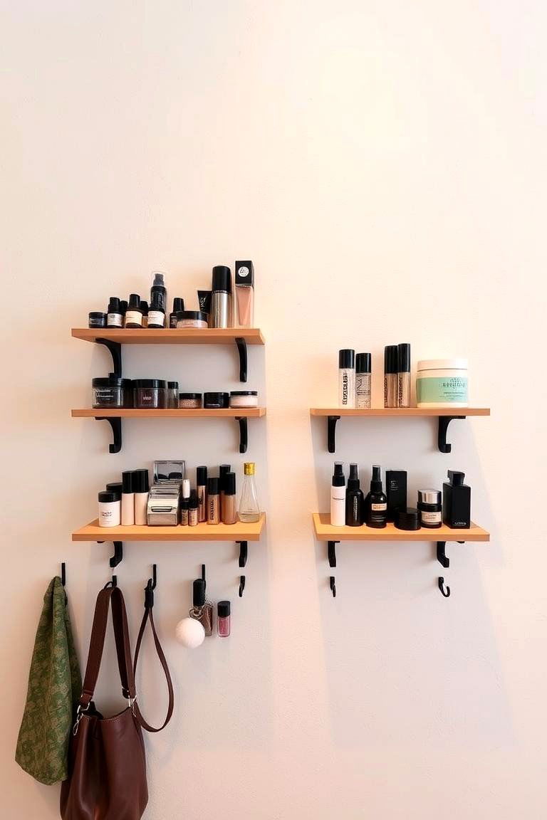 Wall Mounted Shelves with Hooks - 24 vanity organization ideas