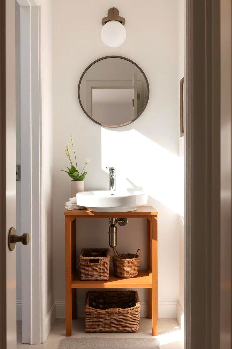 Wall Mounted Sink with Open Shelving - 24 Small Bathroom Vanity Ideas