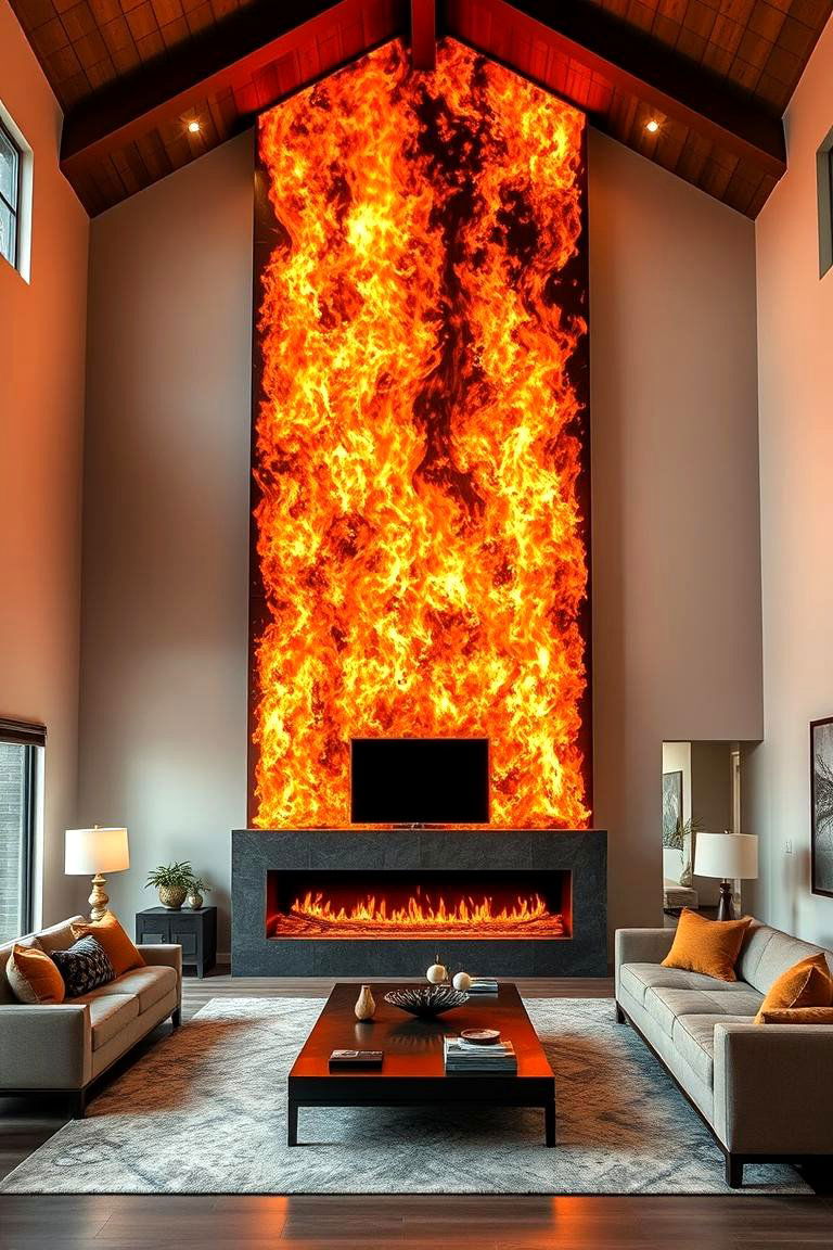 Wall of Fire Design - 24 3 Sided Fireplace Ideas