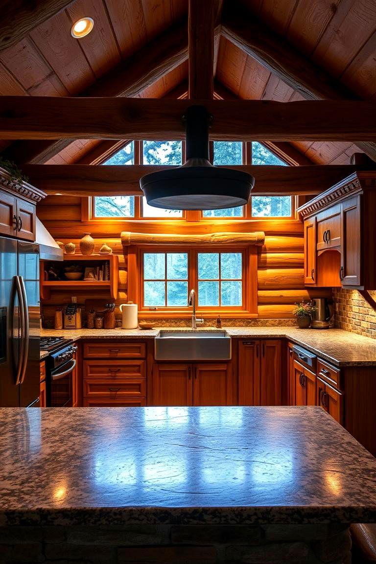 Warm Ambient Lighting Fixtures - 24 Log Cabin Kitchen Design Ideas