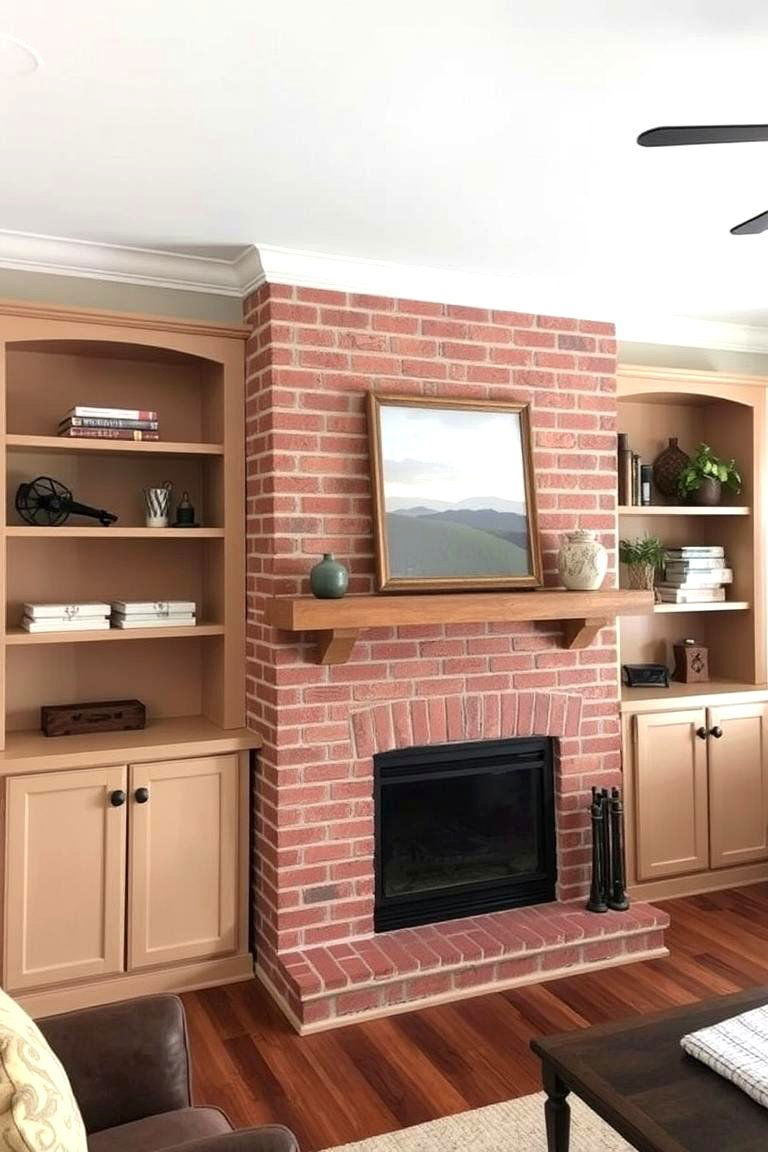 Warm Beige Shelves and a Brick Fireplace - 24 Fireplace With Bookshelves